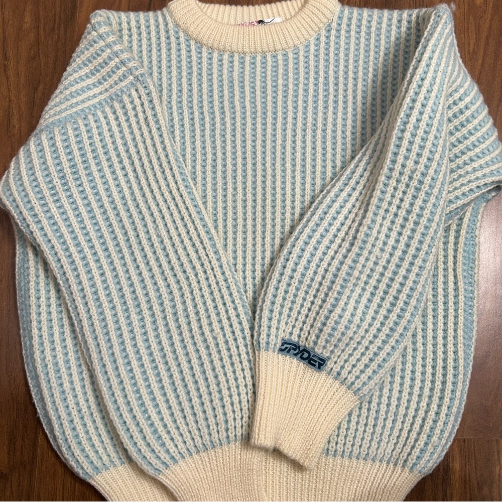 Vintage SPIDER Women's Wool Blue & Cream Chunky Knit Ski Sweater Size 10